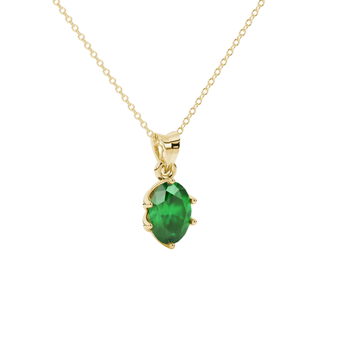 Close-up, oval cut emerald green gemstone, yellow gold scalloped six prong pendant.