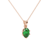 Close-up, oval cut emerald green gemstone pendant, rose gold scalloped six prong setting.