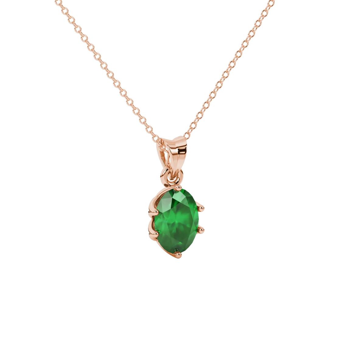 Close-up, oval cut emerald green gemstone pendant, rose gold scalloped six prong setting.