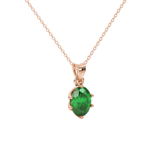 Close-up, oval cut emerald green gemstone pendant, rose gold scalloped six prong setting.