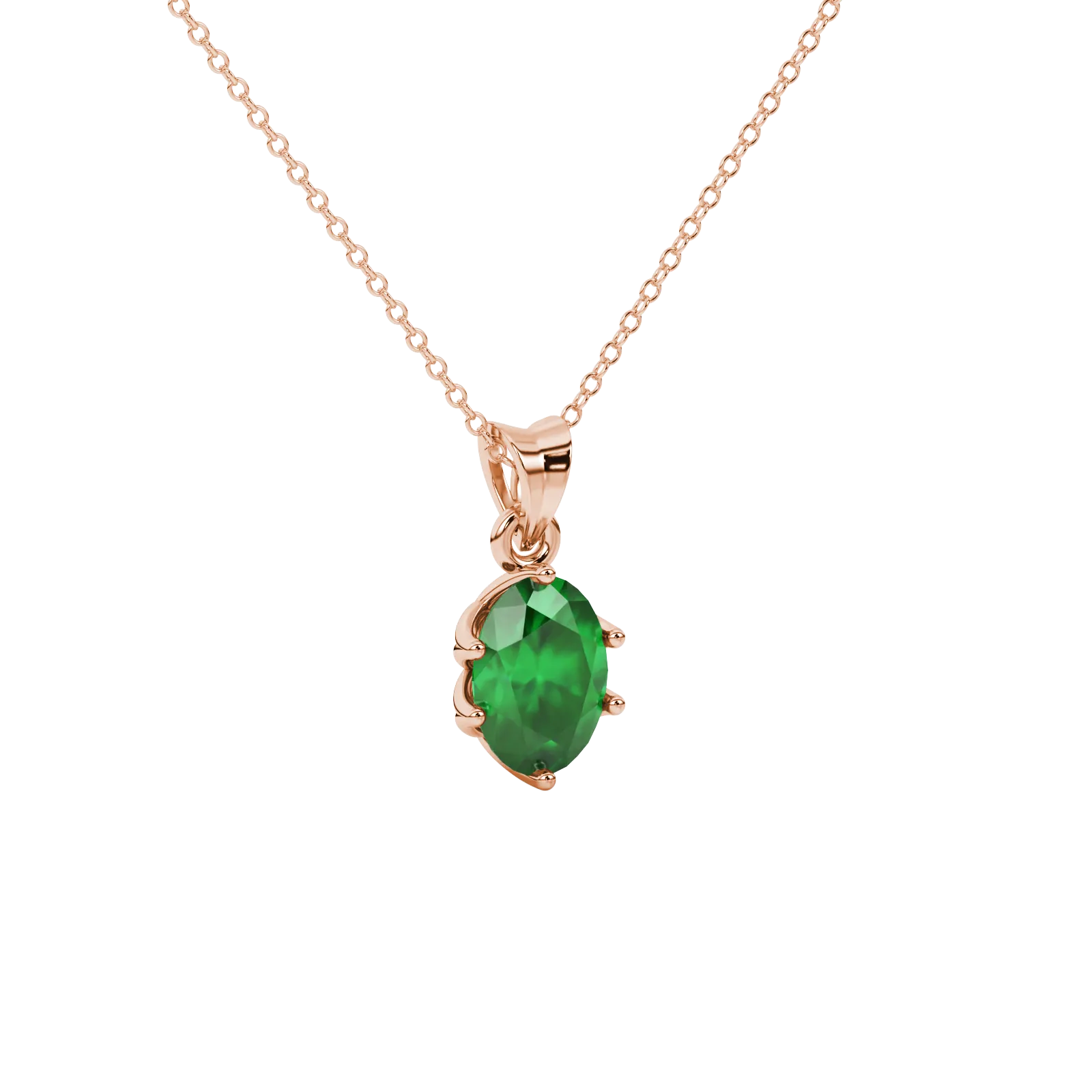 Close-up, oval cut emerald green gemstone pendant, rose gold scalloped six prong setting.