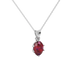 Close-up oval cut raspberry red gemstone pendant, white gold scalloped six prong setting.