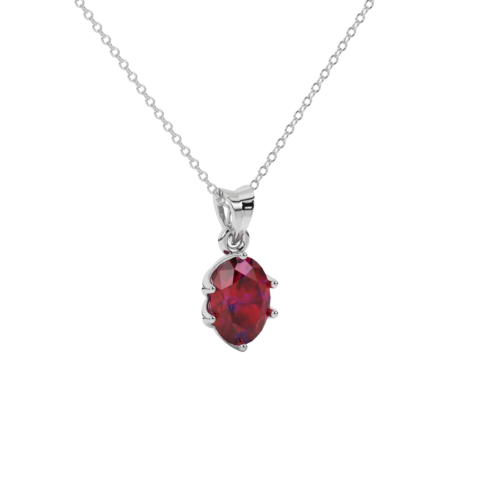 Close-up oval cut raspberry red gemstone pendant, white gold scalloped six prong setting.