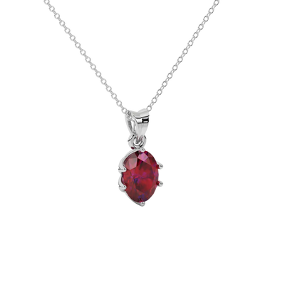 Close-up oval cut raspberry red gemstone pendant, white gold scalloped six prong setting.