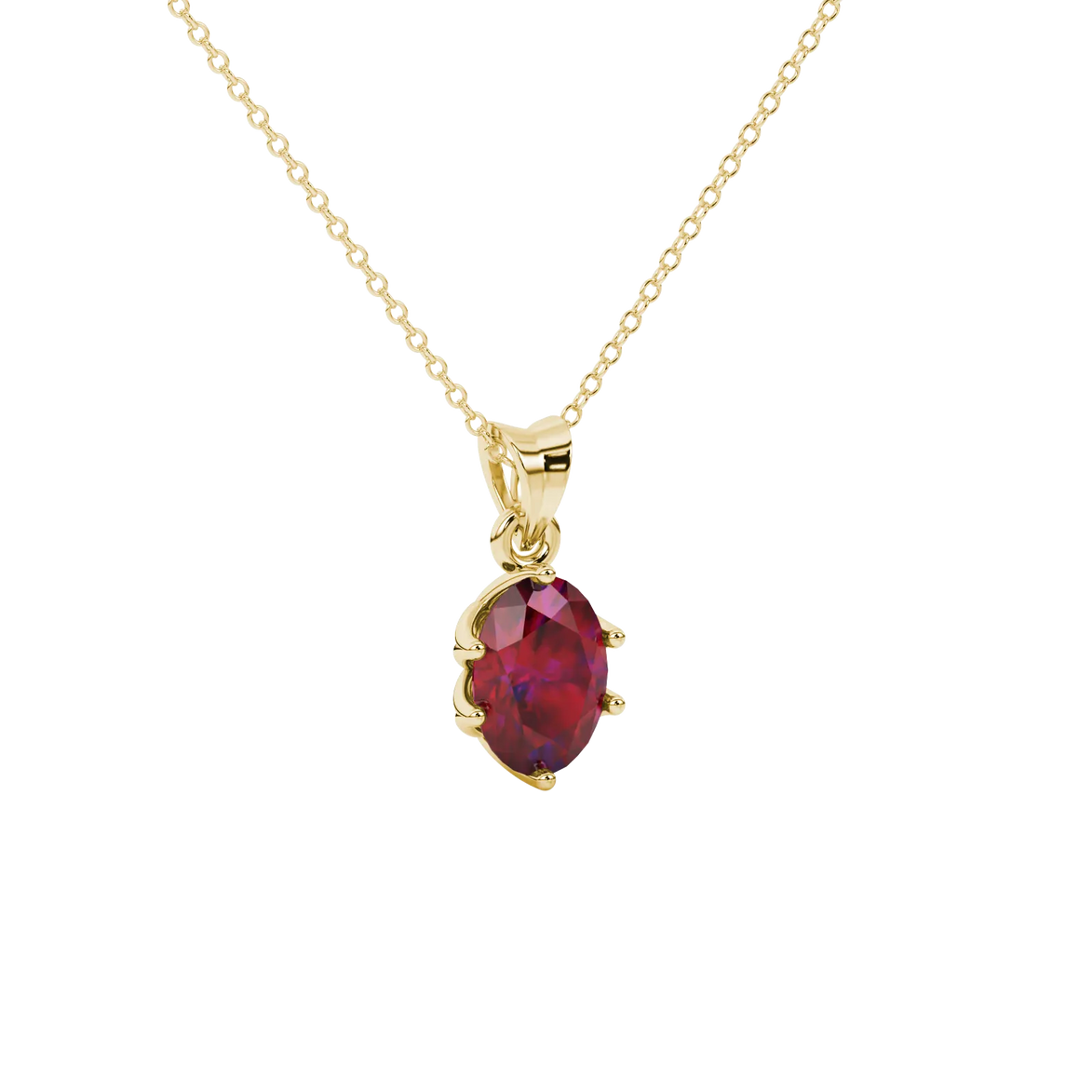 Close-up, oval cut raspberry red gemstone, yellow gold scalloped six prong pendant.