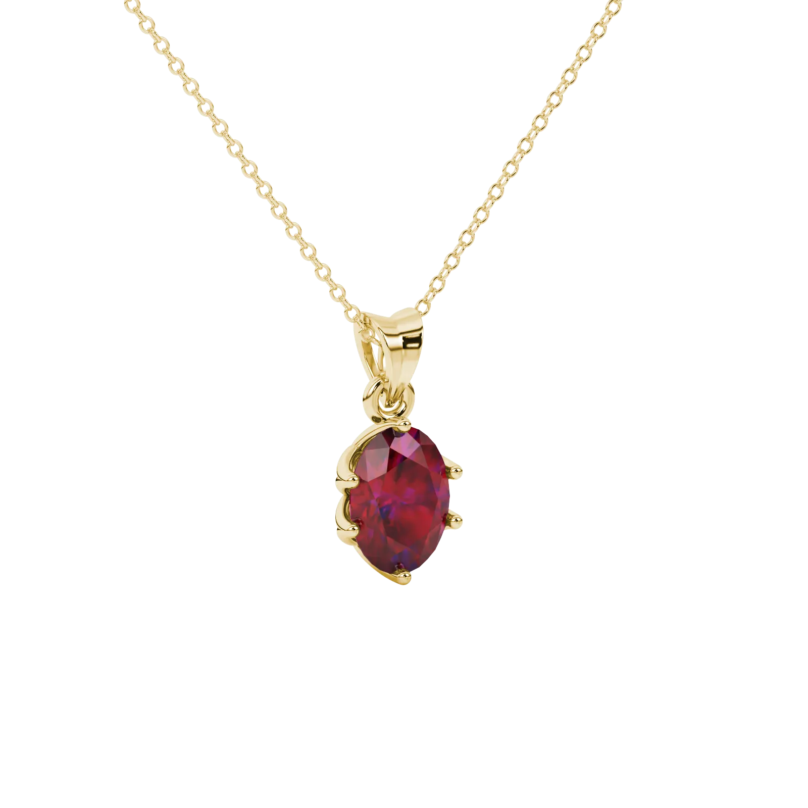 Close-up, oval cut raspberry red gemstone, yellow gold scalloped six prong pendant.