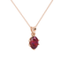 Close-up, oval cut raspberry red gemstone pendant, rose gold scalloped six prong setting.