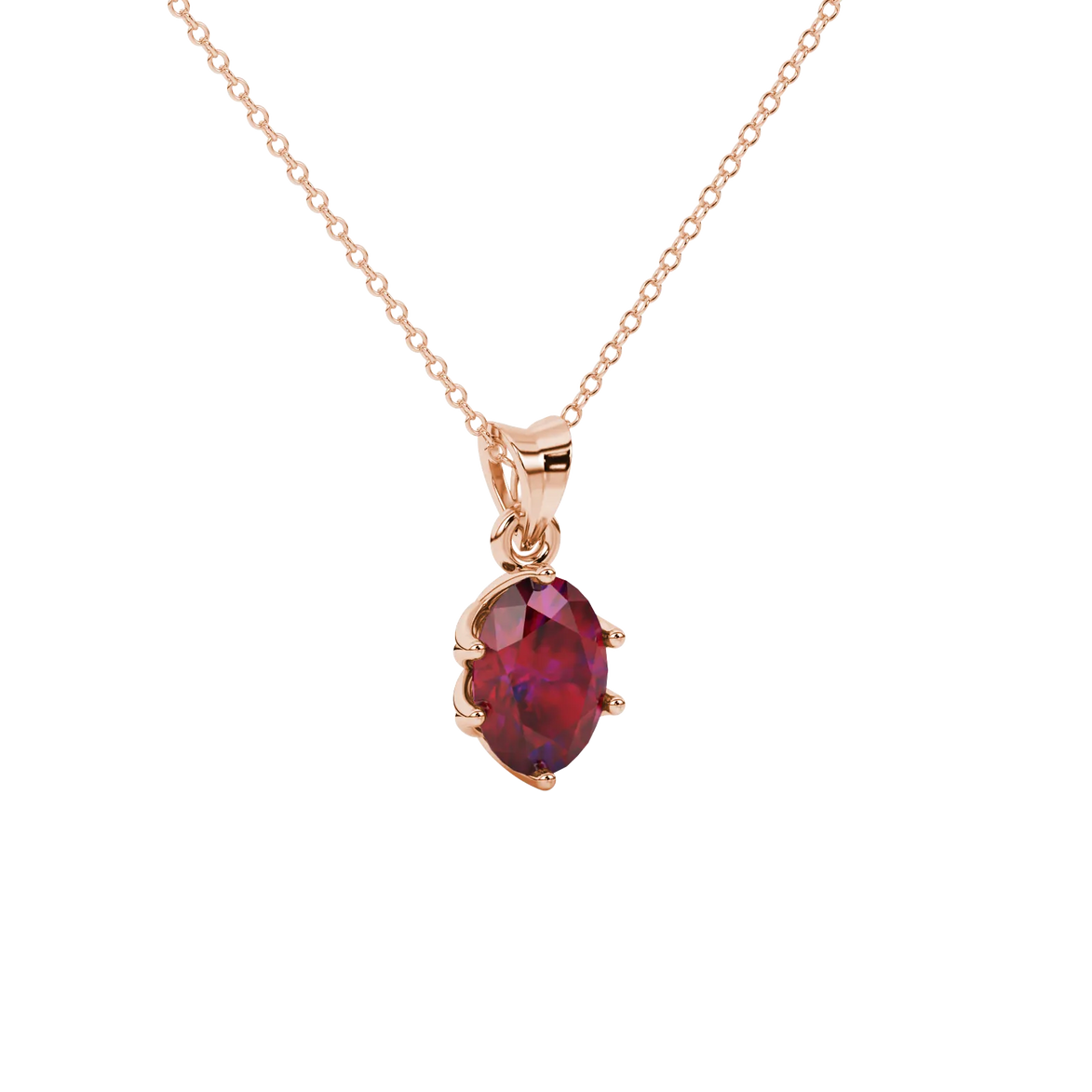 Close-up, oval cut raspberry red gemstone pendant, rose gold scalloped six prong setting.