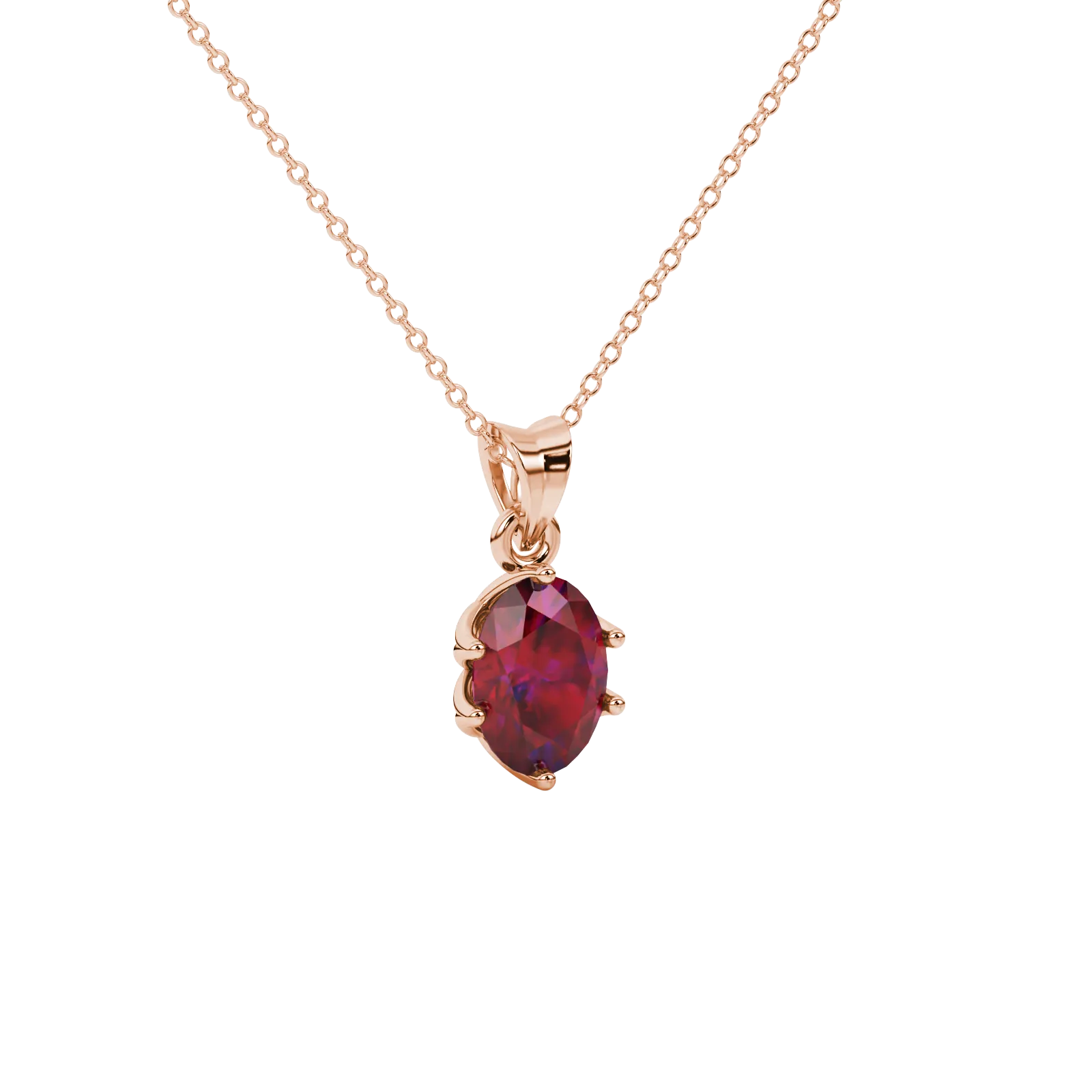Close-up, oval cut raspberry red gemstone pendant, rose gold scalloped six prong setting.