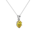 Close-up oval cut canary yellow gemstone pendant, white gold scalloped six prong setting.