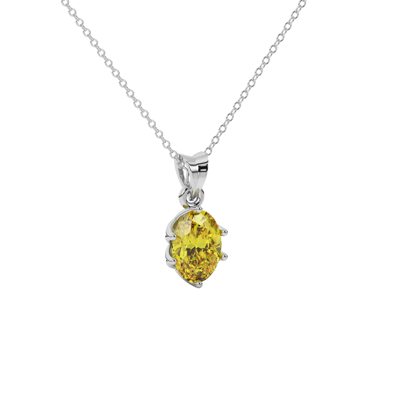 Close-up oval cut canary yellow gemstone pendant, white gold scalloped six prong setting.
