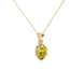 Close-up, oval cut canary yellow gemstone, yellow gold scalloped six prong pendant.
