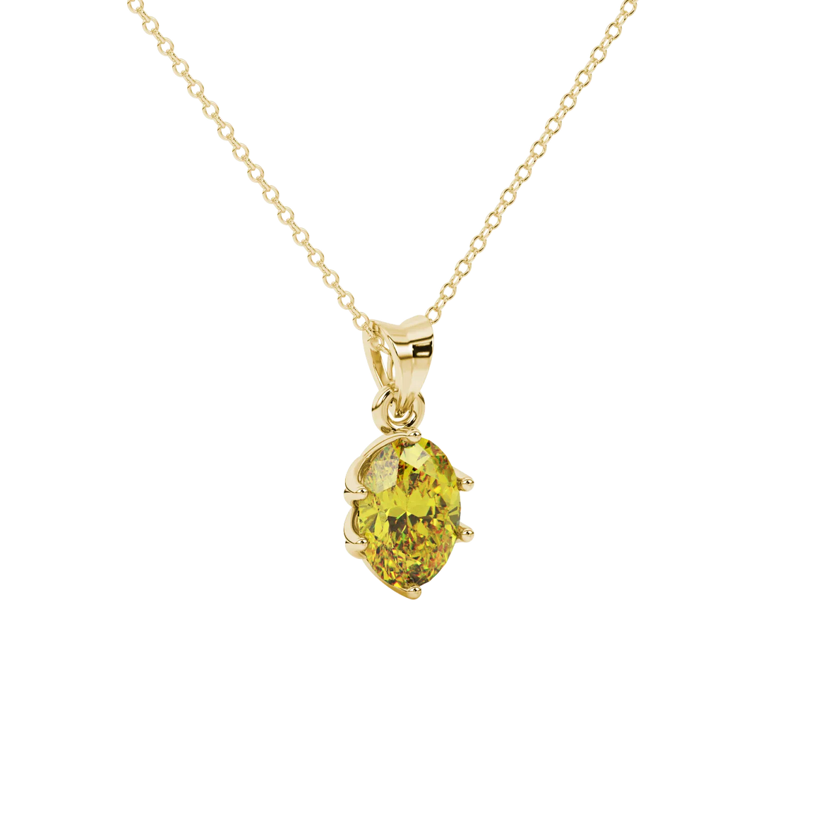 Close-up, oval cut canary yellow gemstone, yellow gold scalloped six prong pendant.