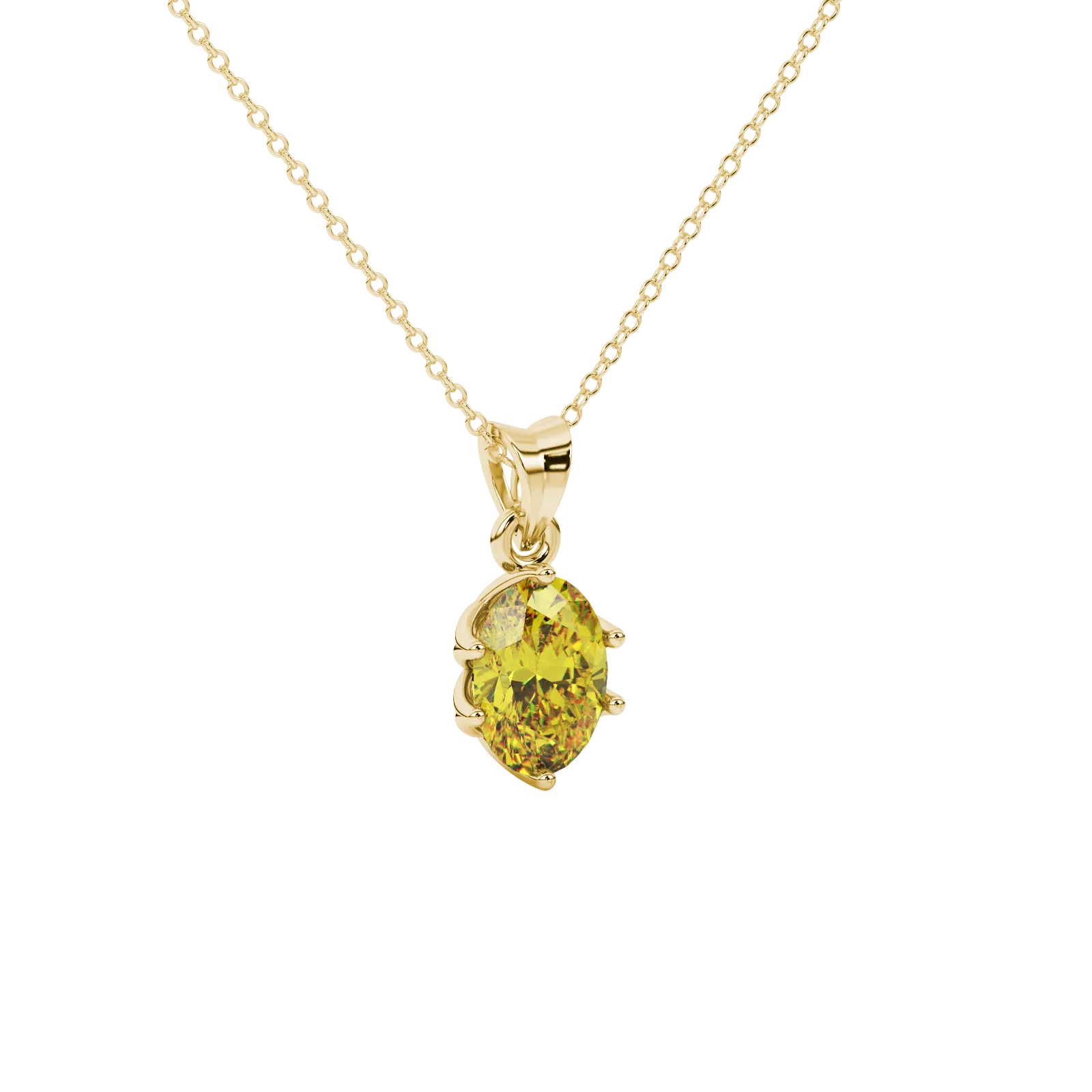 Close-up, oval cut canary yellow gemstone, yellow gold scalloped six prong pendant.