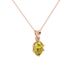 Close-up, oval cut canary yellow gemstone pendant, rose gold scalloped six prong setting.