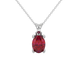 Oval cut raspberry red gemstone pendant, white gold surprise diamond setting.
