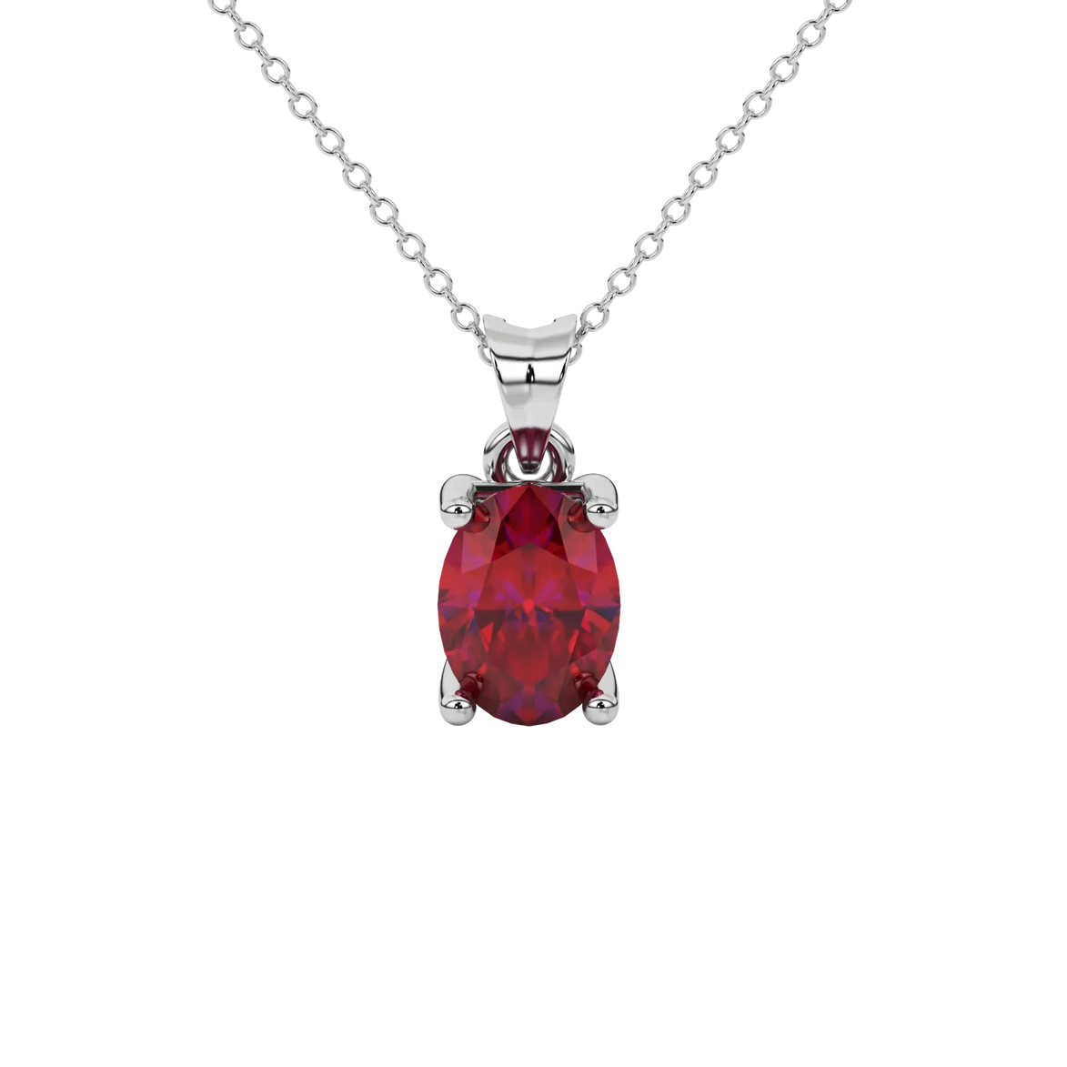 Oval cut raspberry red gemstone pendant, white gold surprise diamond setting.