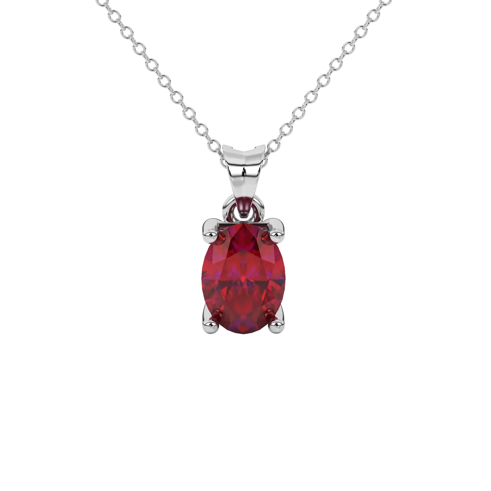 Oval cut raspberry red gemstone pendant, white gold surprise diamond setting.