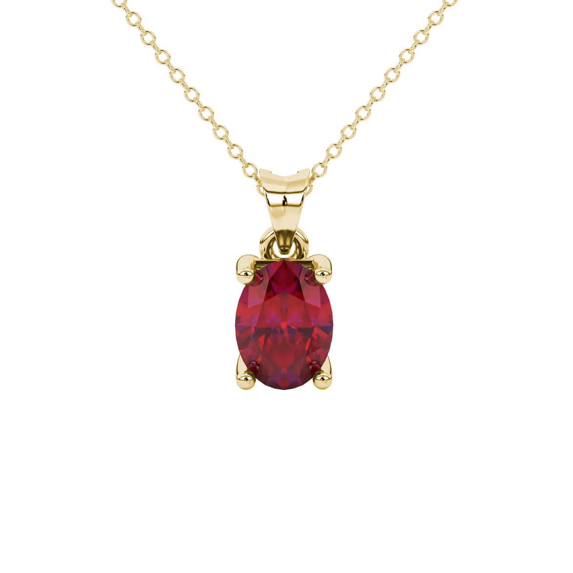 Oval cut raspberry red gemstone pendant, yellow gold surprise diamond setting