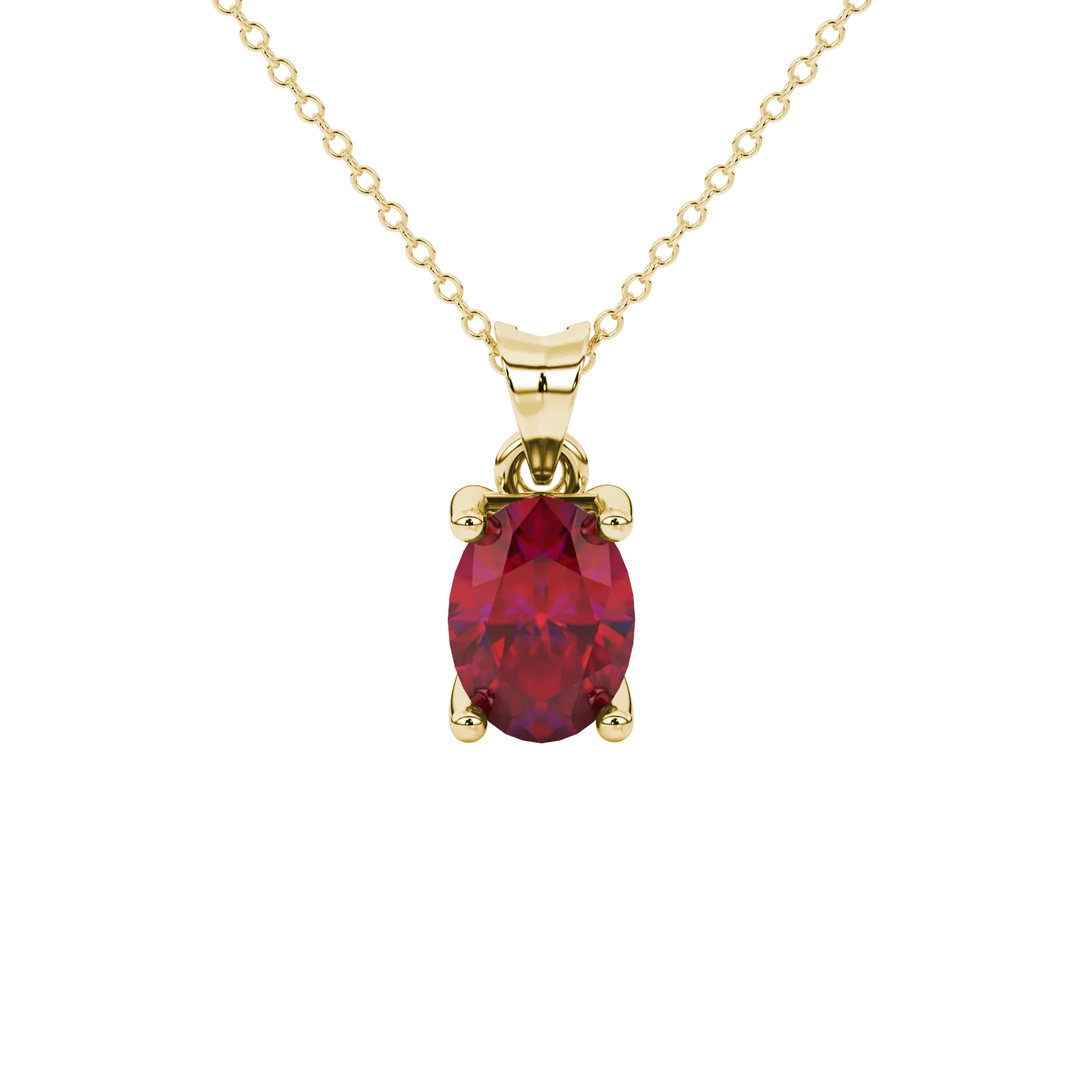 Oval cut raspberry red gemstone pendant, yellow gold surprise diamond setting