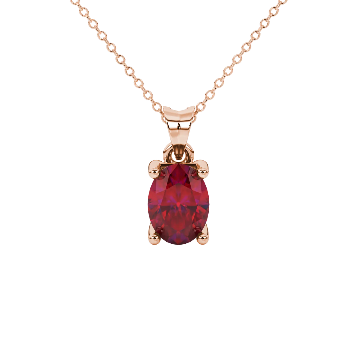Oval cut raspberry red gemstone pendant, rose gold surprise diamond setting.