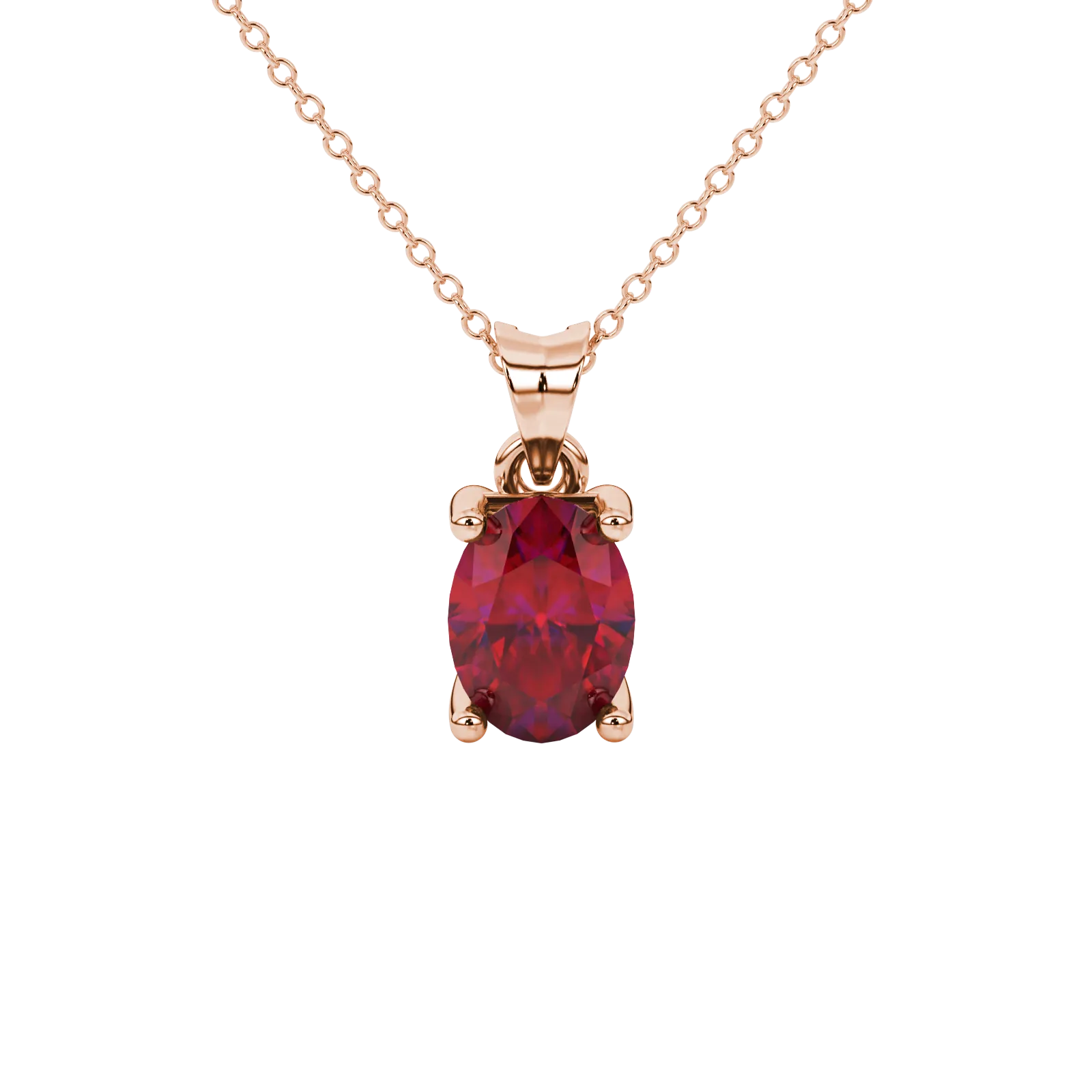 Oval cut raspberry red gemstone pendant, rose gold surprise diamond setting.