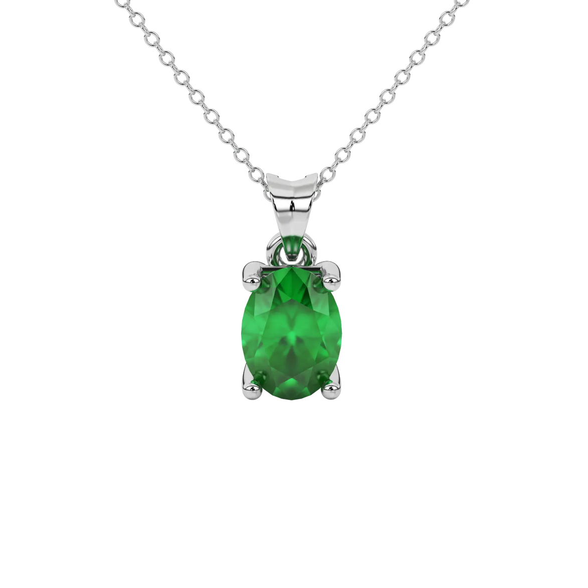 Oval cut emerald green gemstone pendant, white gold surprise diamond setting.