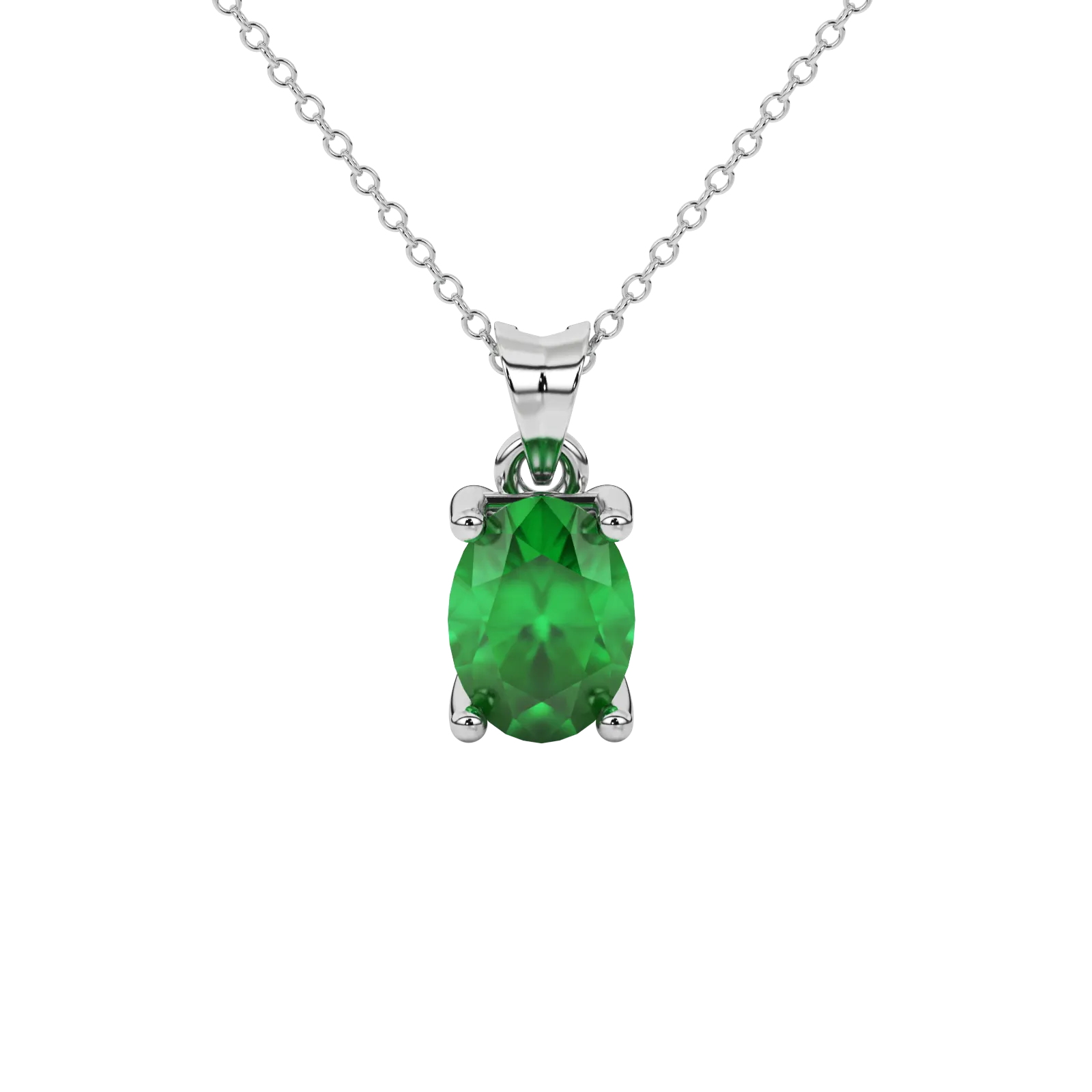 Oval cut emerald green gemstone pendant, white gold surprise diamond setting.