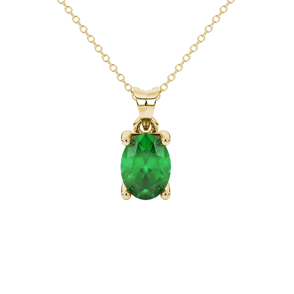 Oval cut emerald green gemstone pendant, yellow gold surprise diamond settin