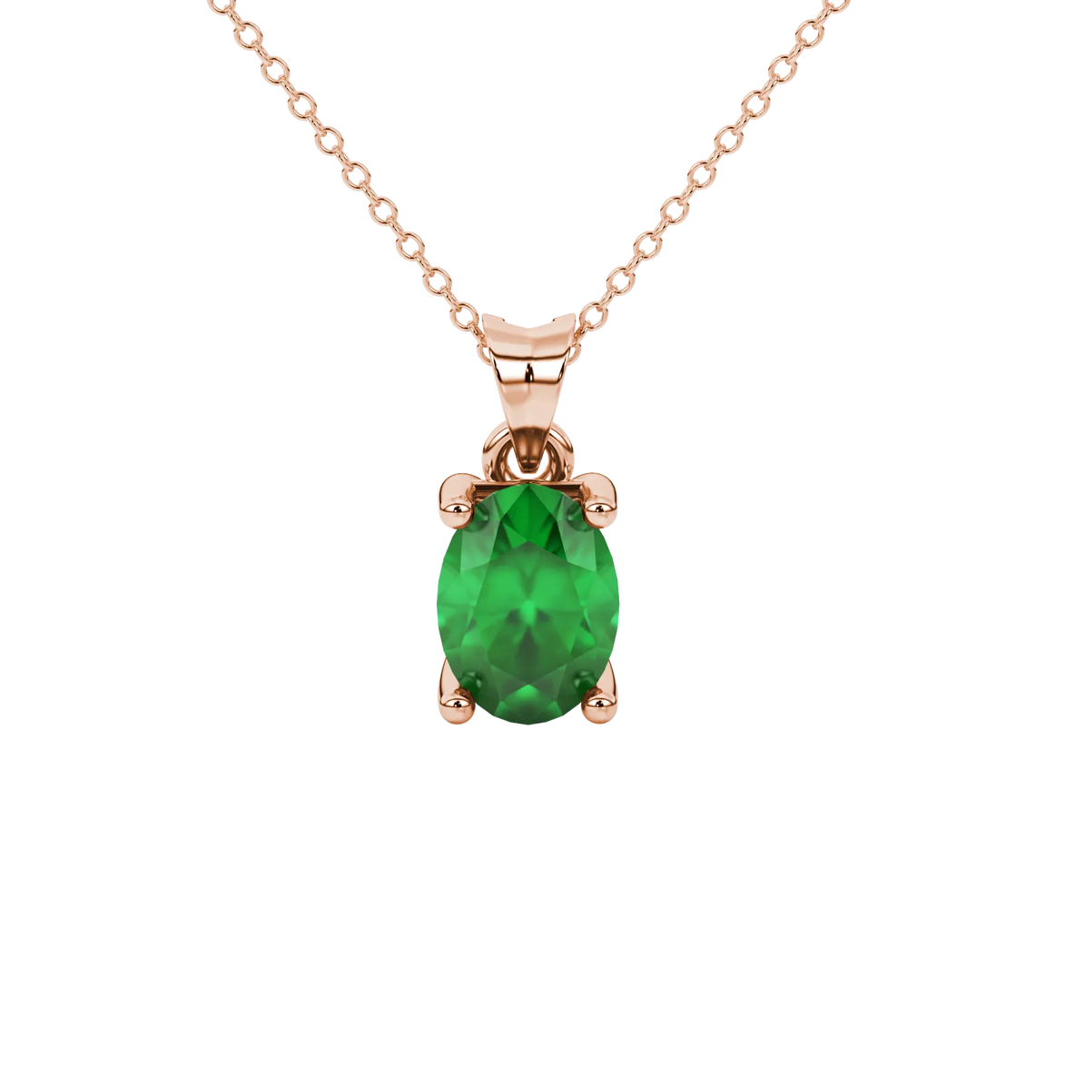 Oval cut emerald green gemstone pendant, rose gold surprise diamond setting.