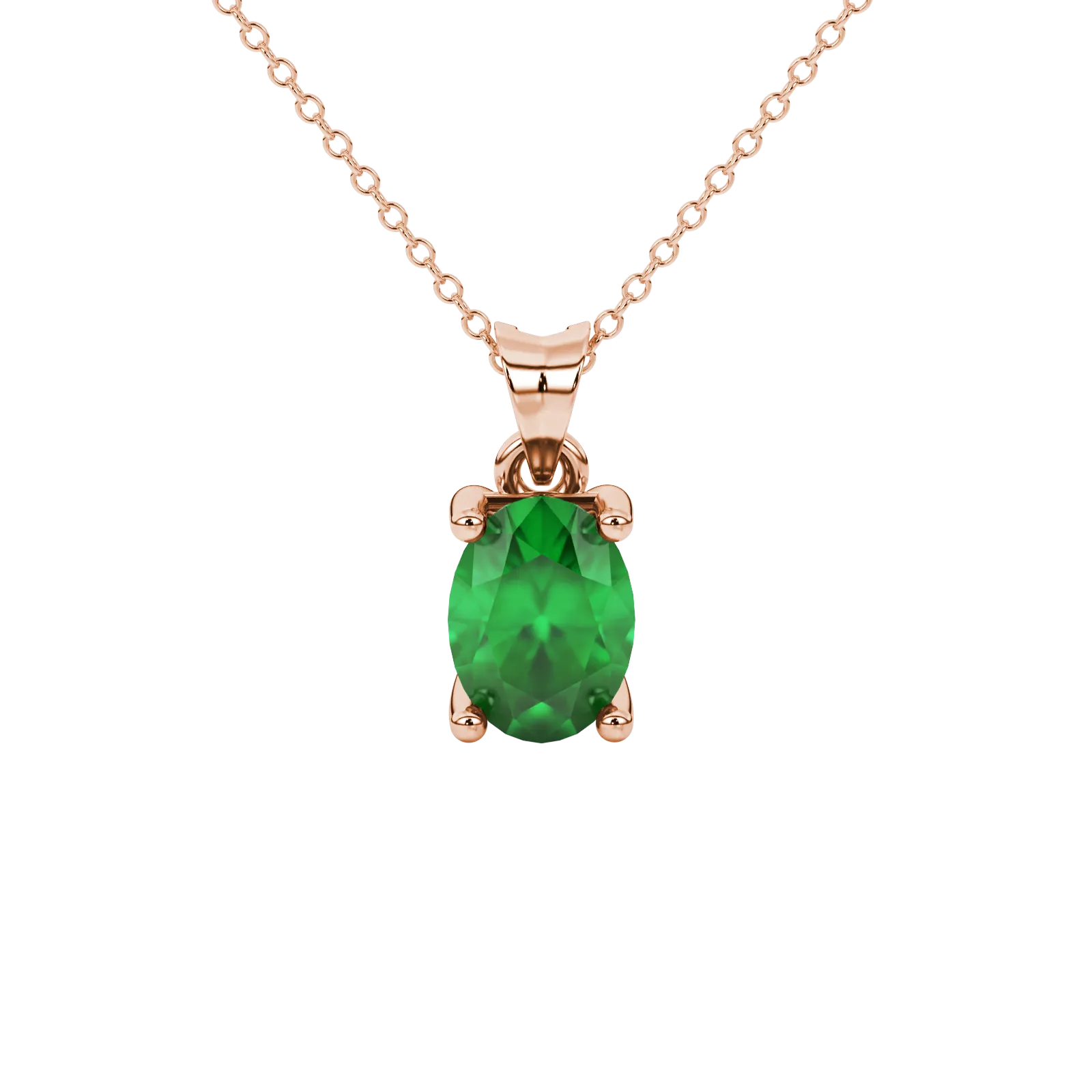 Oval cut emerald green gemstone pendant, rose gold surprise diamond setting.