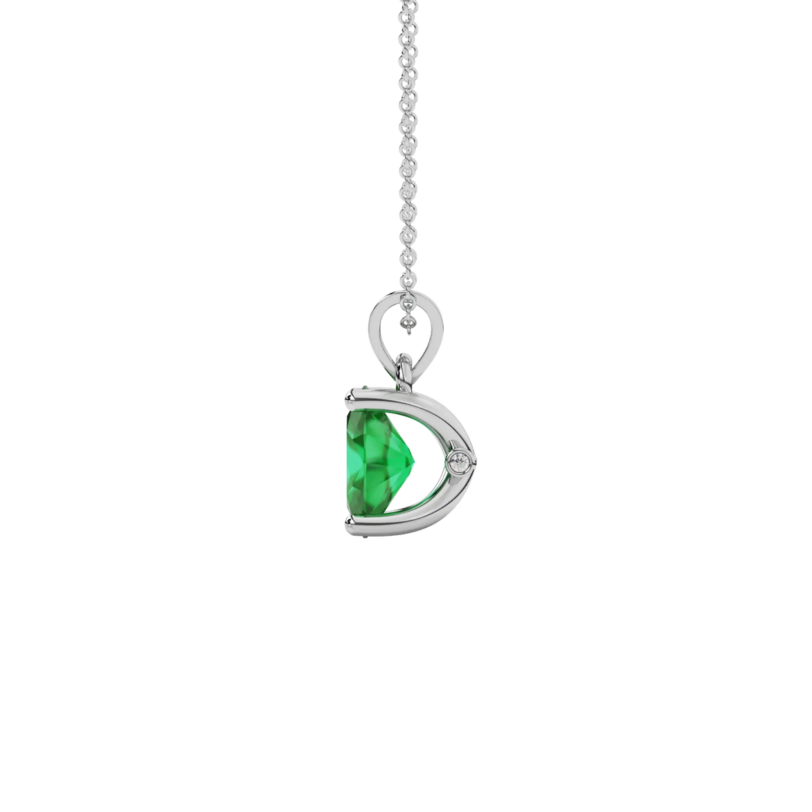Side profile, white gold emerald green pendant, surprise diamond gallery.