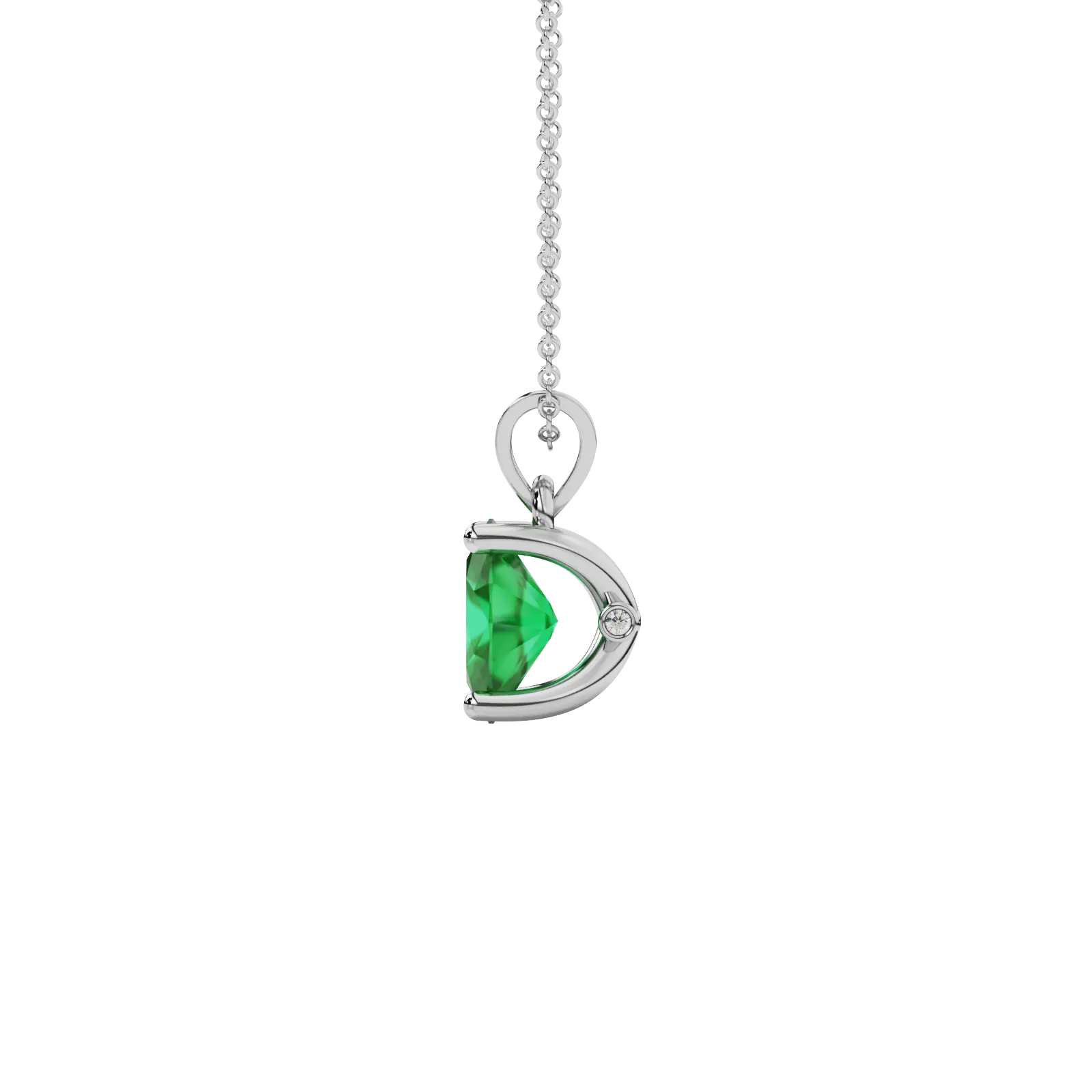 Side profile, white gold emerald green pendant, surprise diamond gallery.