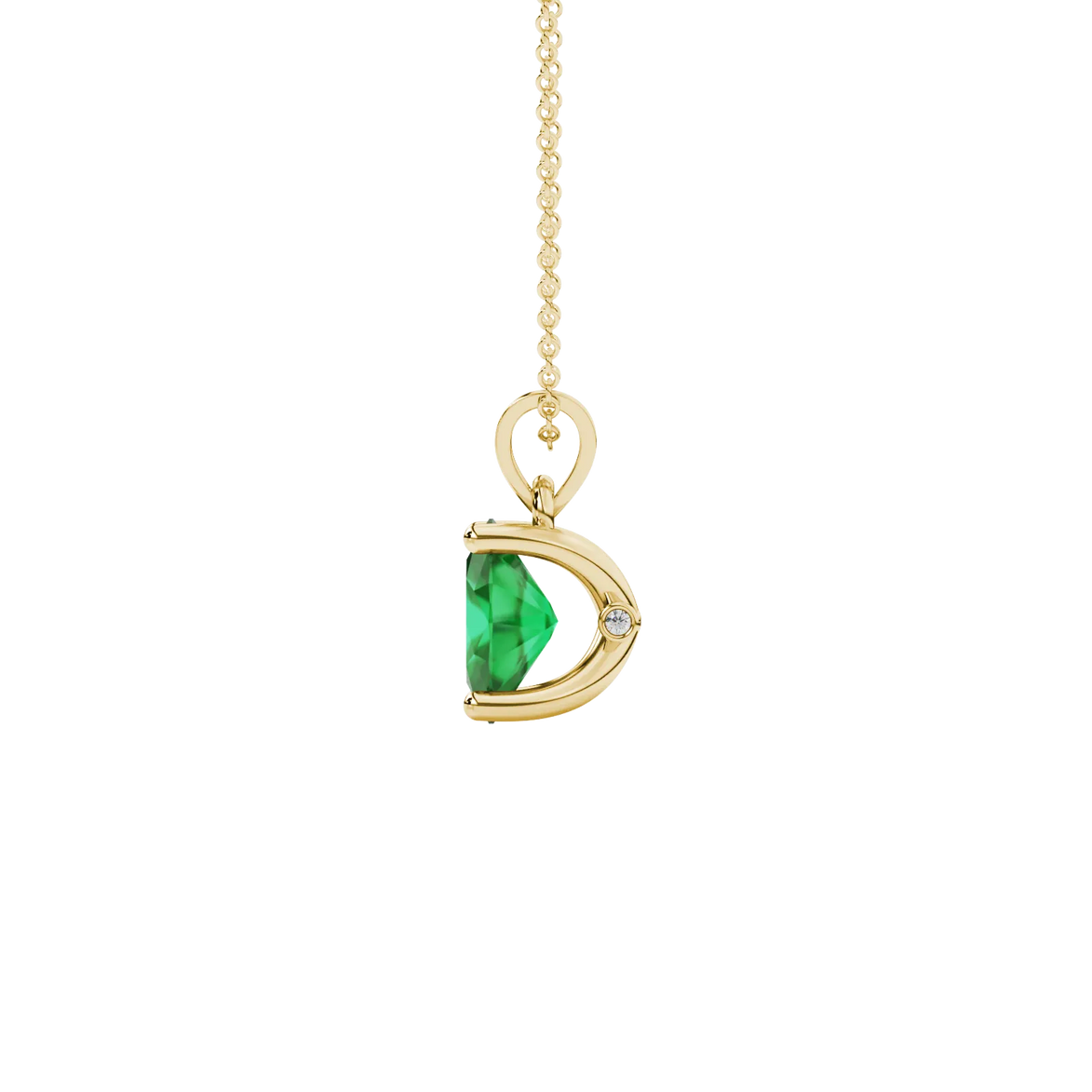 Side profile, yellow gold emerald green pendant, surprise diamond gallery.