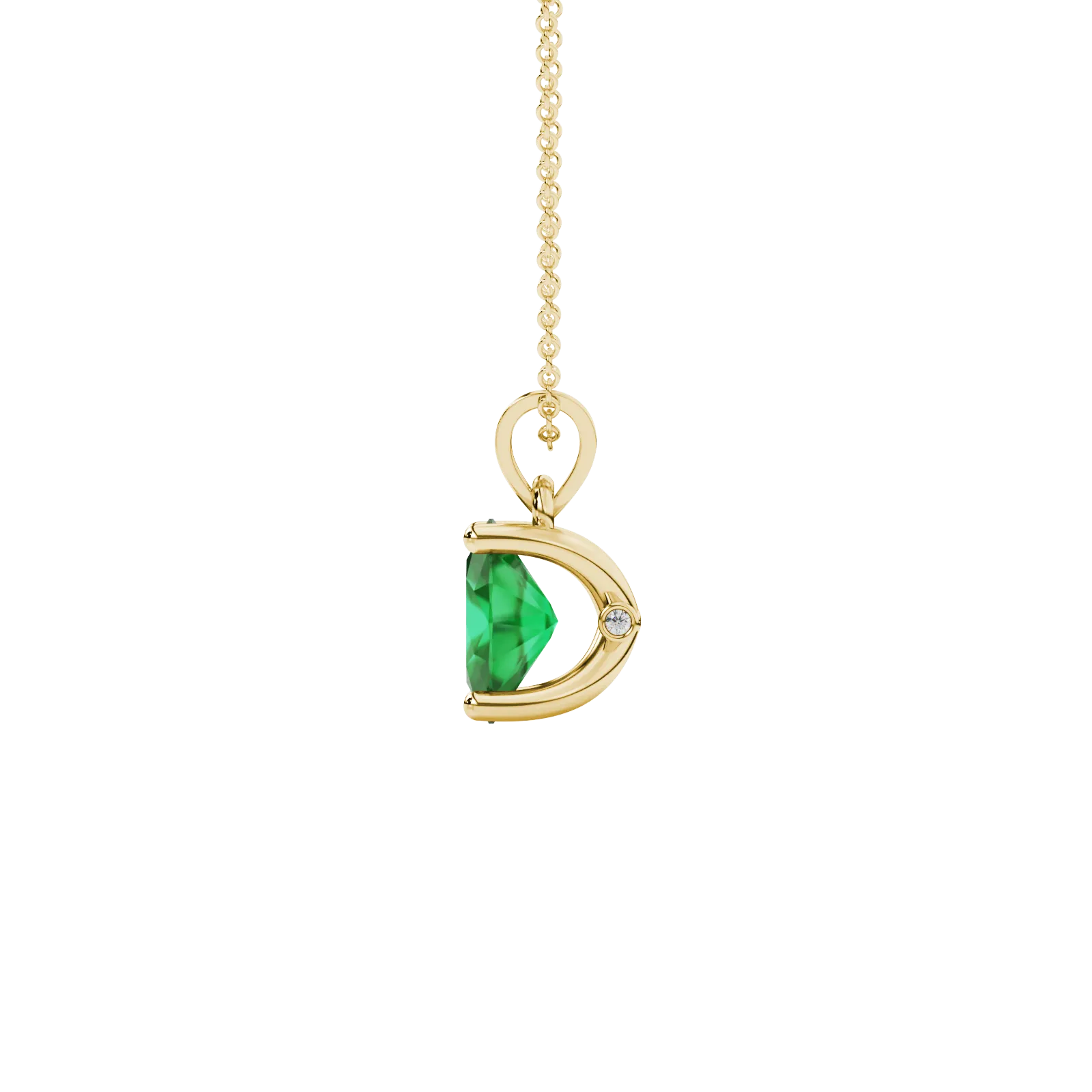 Side profile, yellow gold emerald green pendant, surprise diamond gallery.