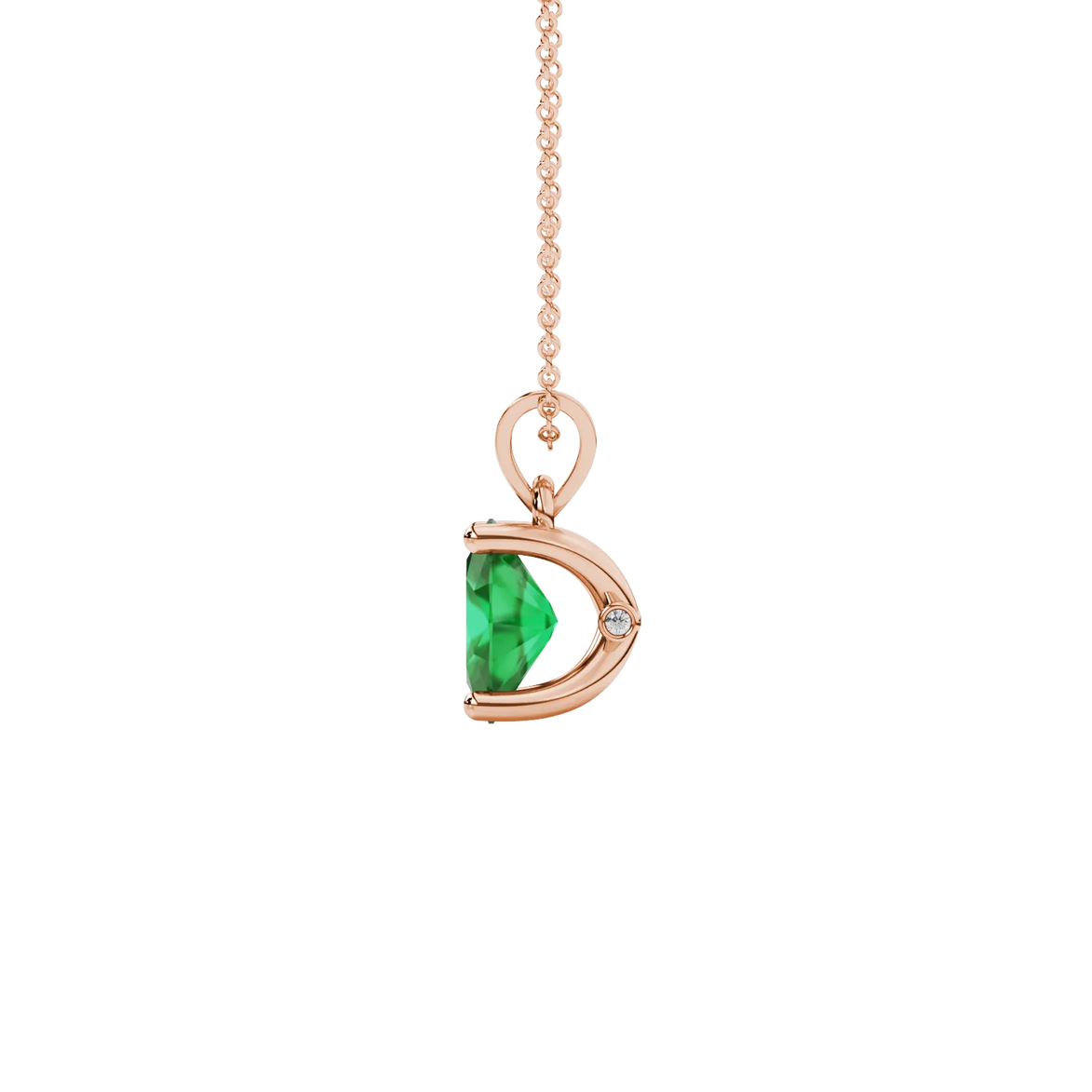 Side profile, rose gold emerald green pendant, surprise diamond gallery.