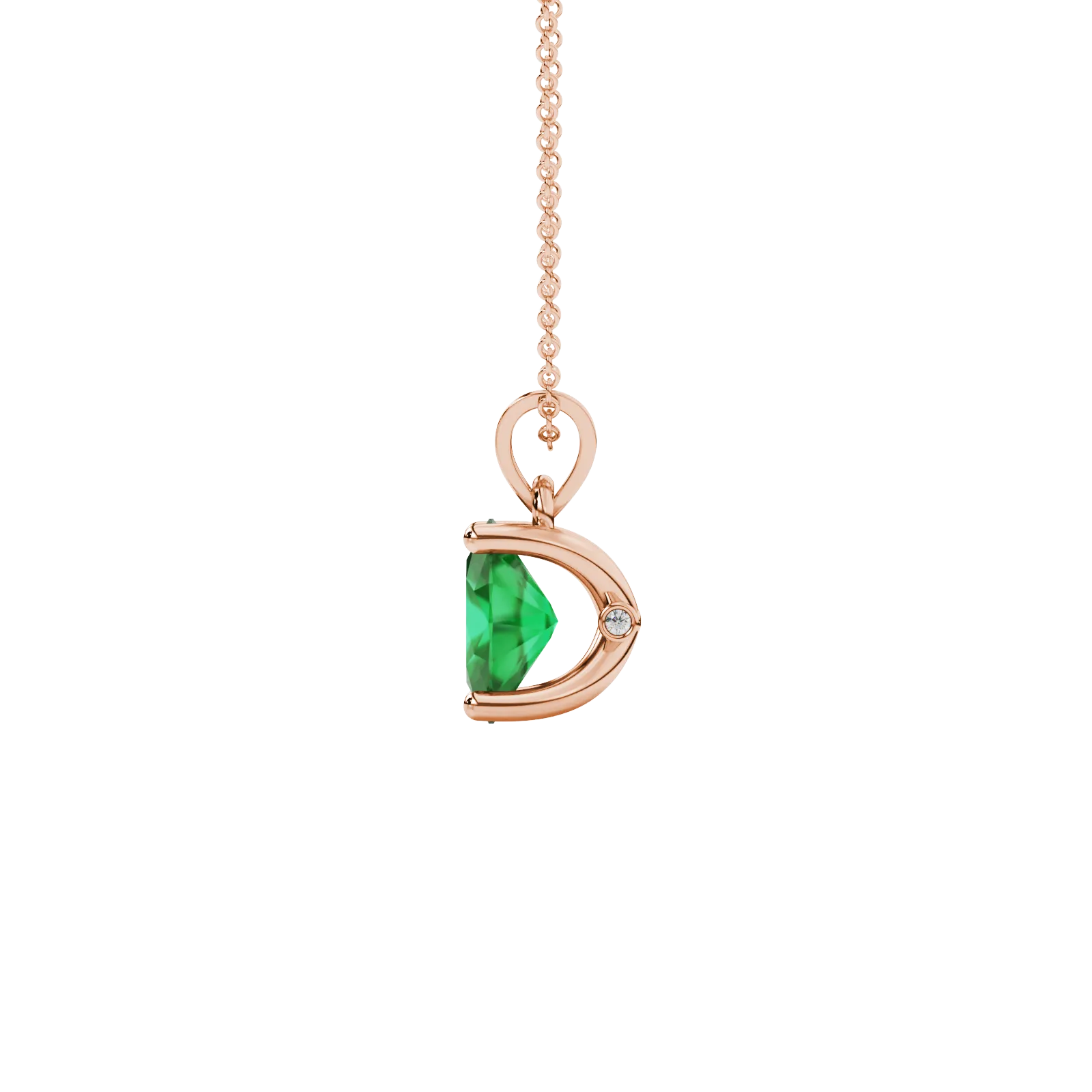 Side profile, rose gold emerald green pendant, surprise diamond gallery.