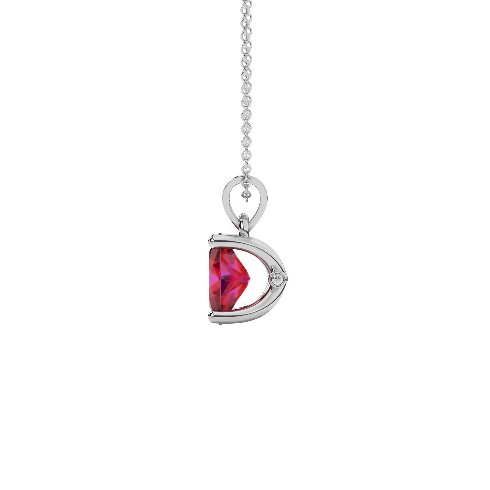 Side profile, white gold raspberry red pendant, surprise diamond gallery.