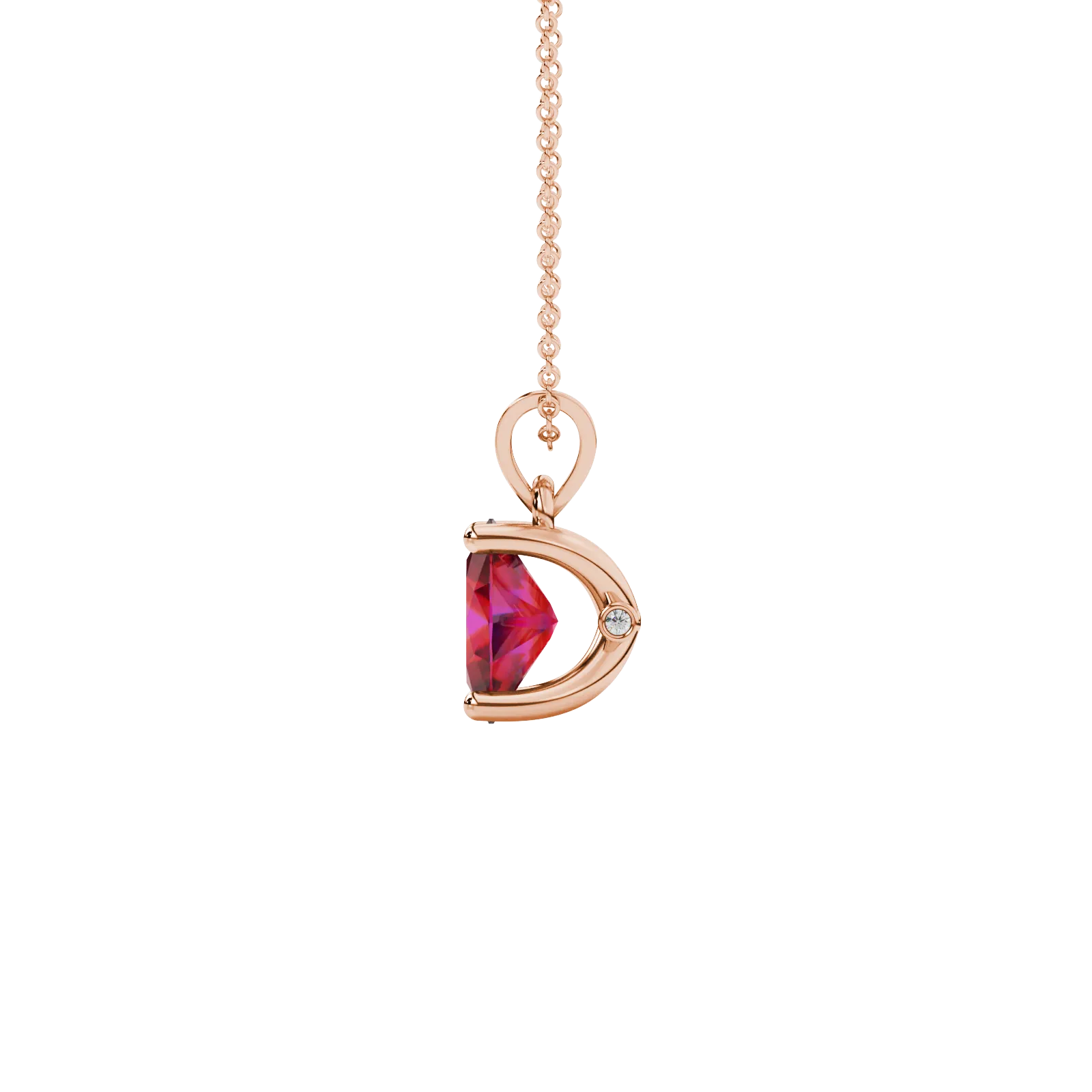Side profile, rose gold raspberry red pendant, surprise diamond gallery.