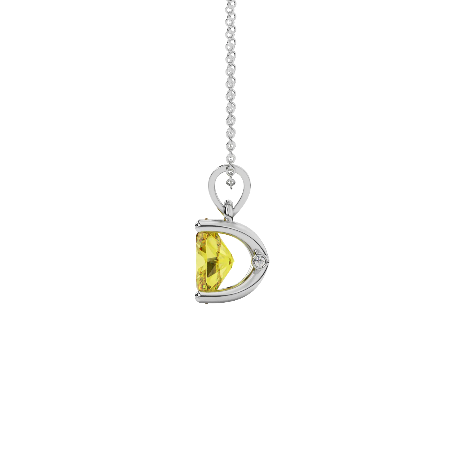 Side profile, white gold canary yellow pendant, surprise diamond gallery.