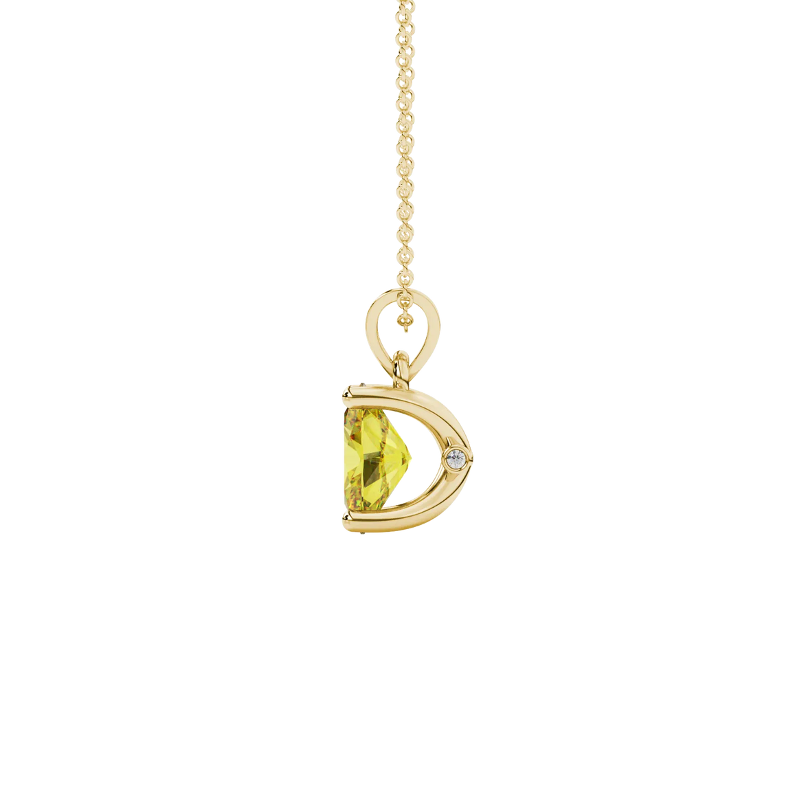 Side profile, yellow gold canary yellow pendant, surprise diamond gallery.