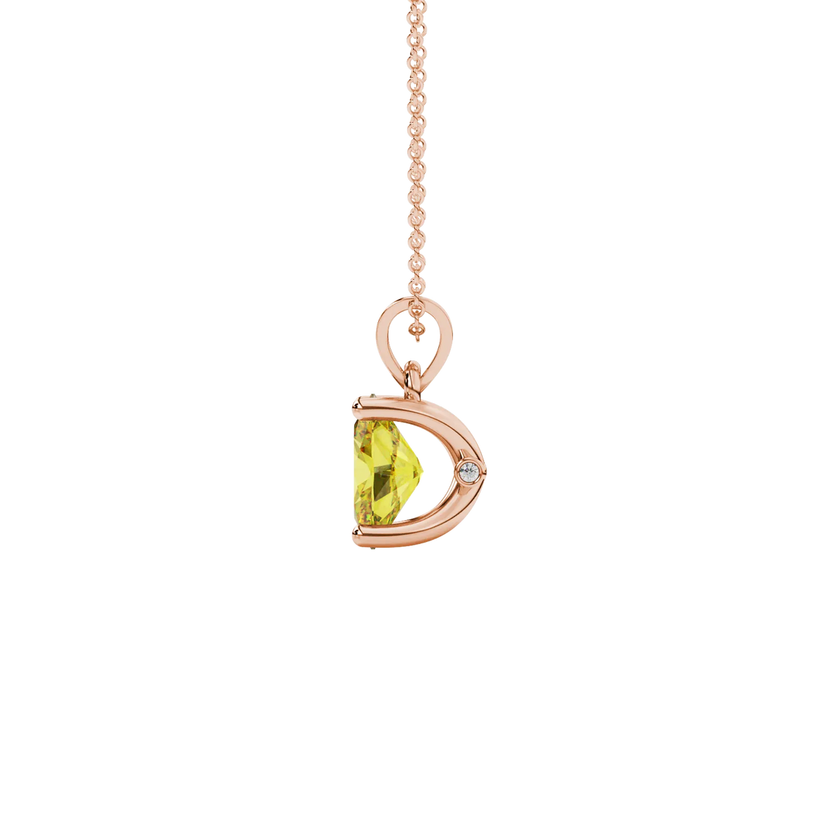 Side profile, rose gold canary yellow pendant, surprise diamond gallery.