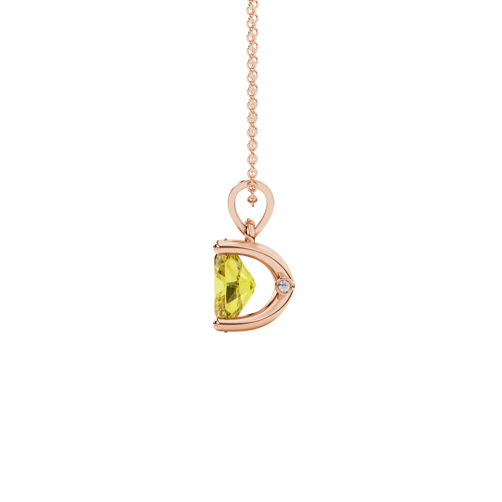 Side profile, rose gold canary yellow pendant, surprise diamond gallery.