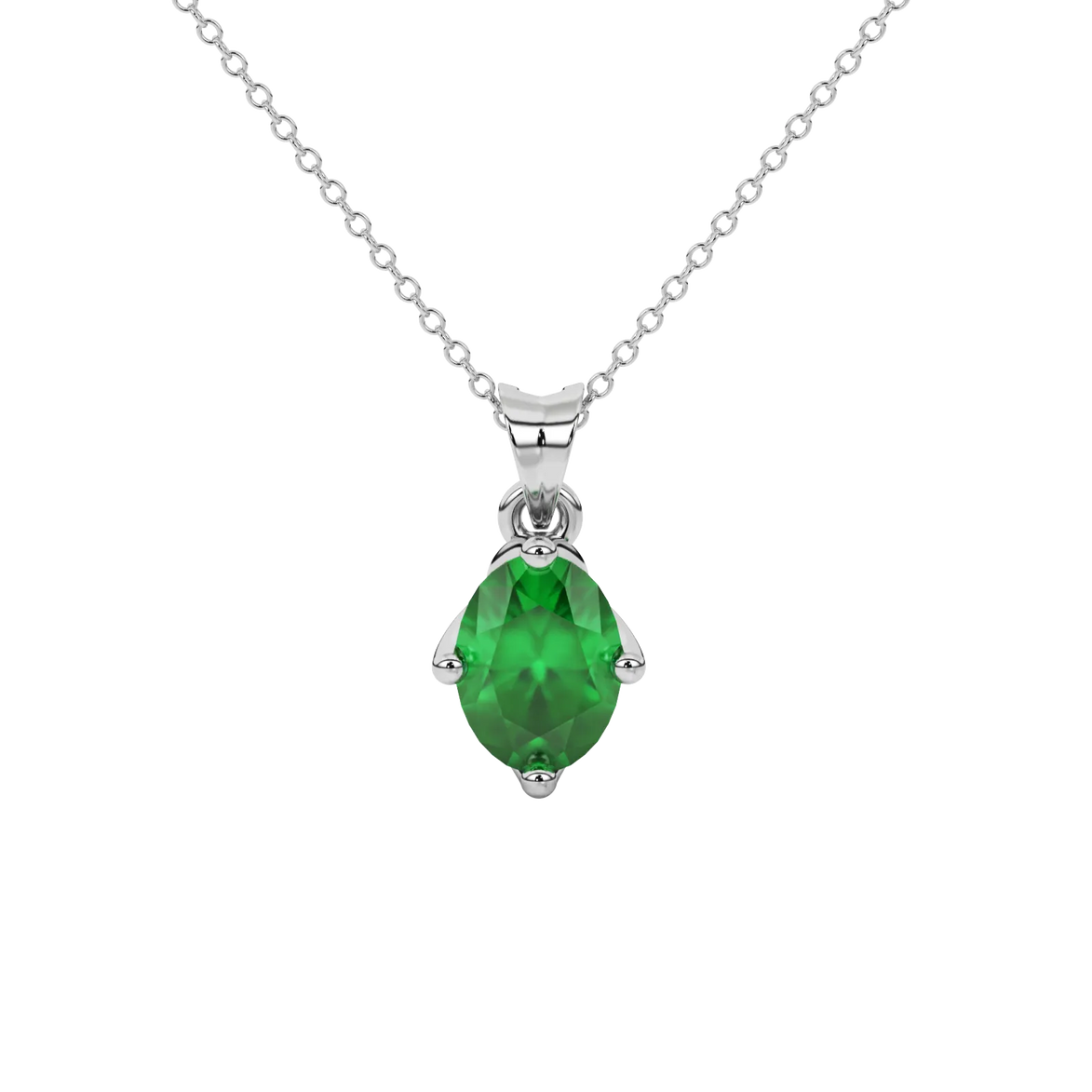 Oval cut emerald green gemstone pendant, white gold tulip basket setting.