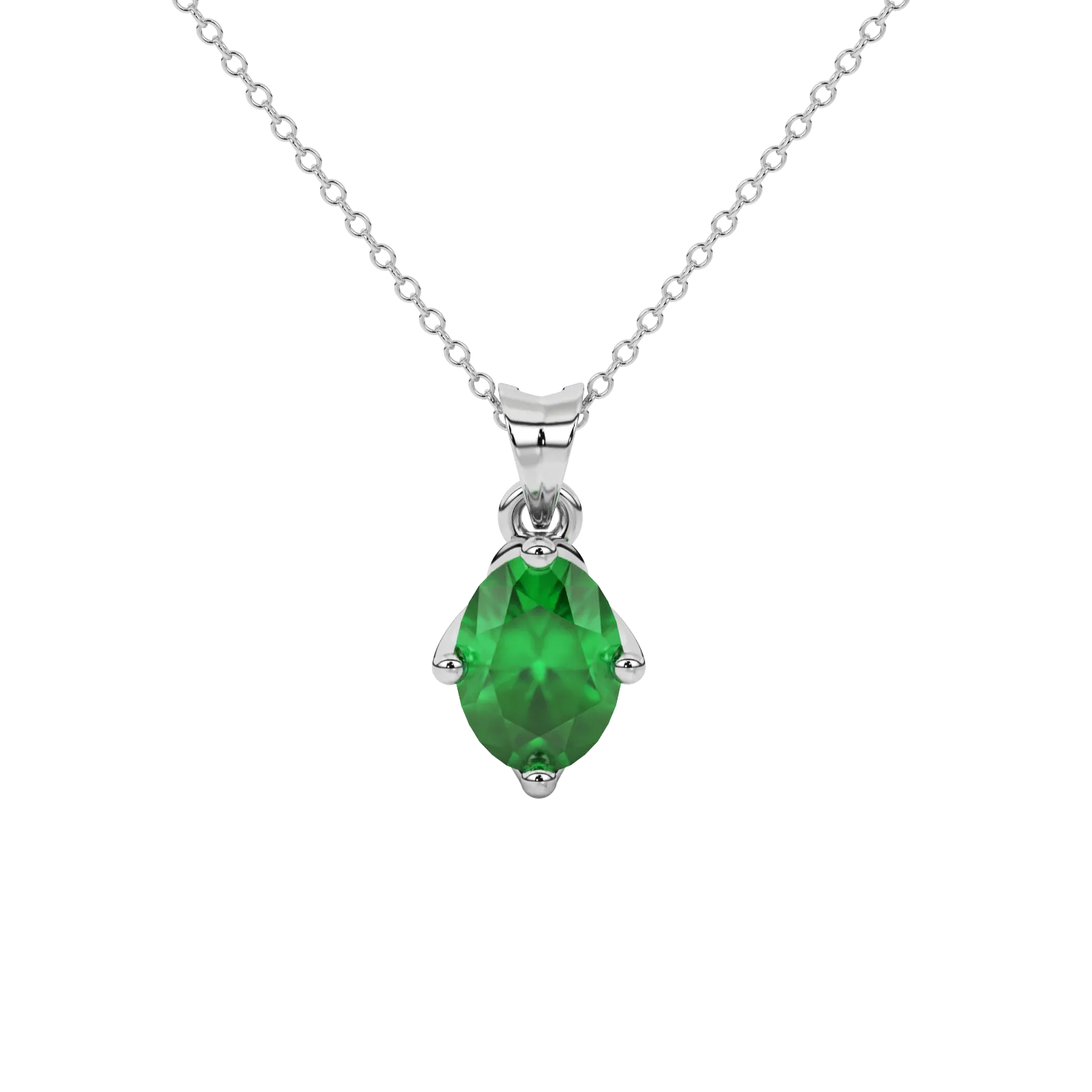 Oval cut emerald green gemstone pendant, white gold tulip basket setting.
