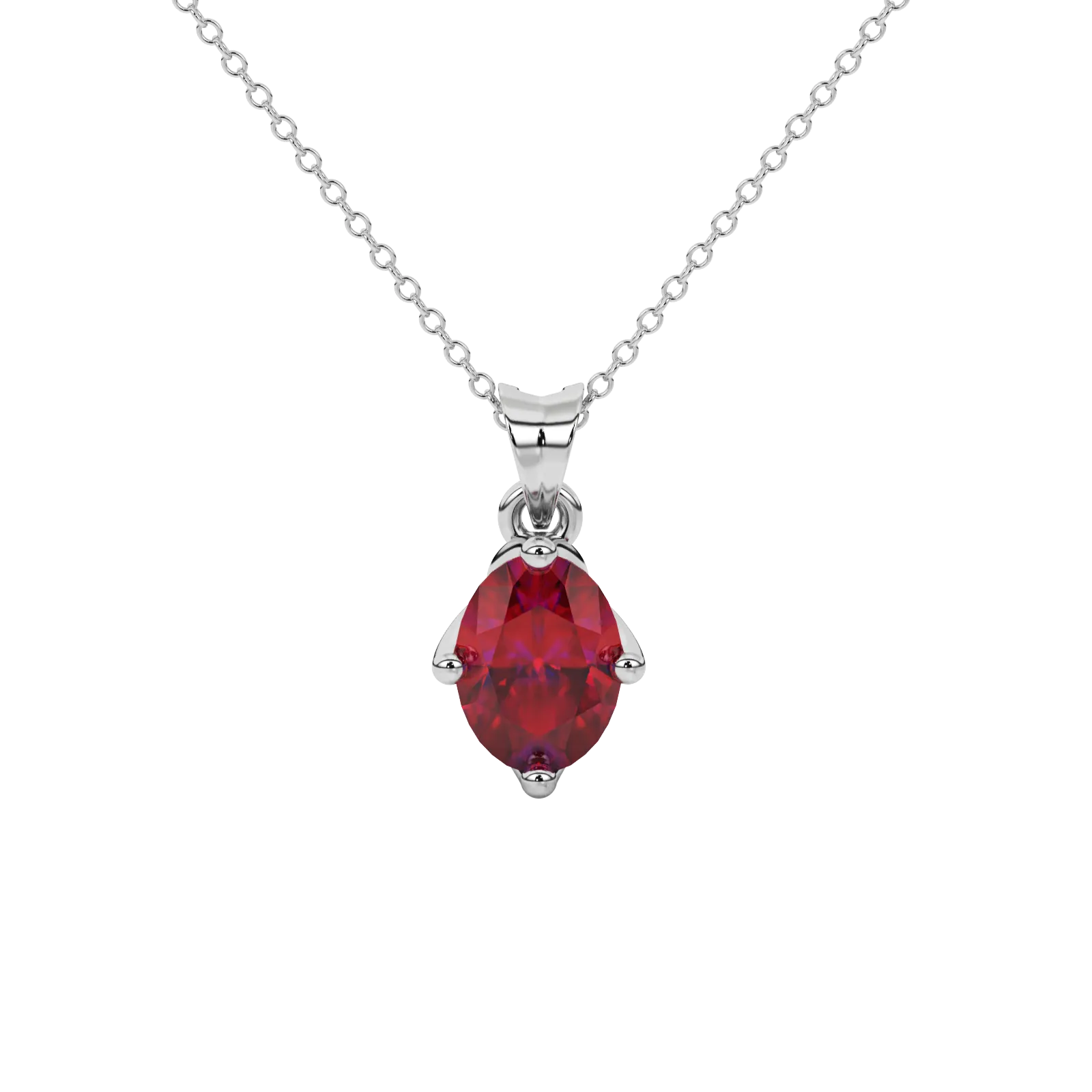Oval cut raspberry red gemstone pendant, white gold tulip basket setting.
