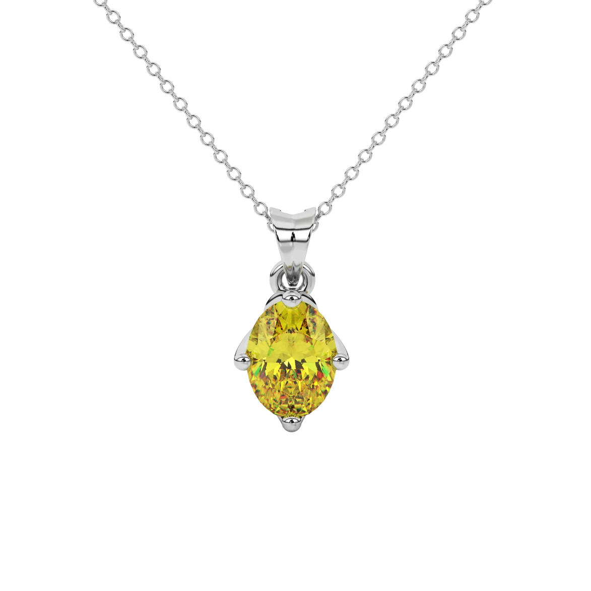 Oval cut canary yellow gemstone pendant, white gold tulip basket setting.