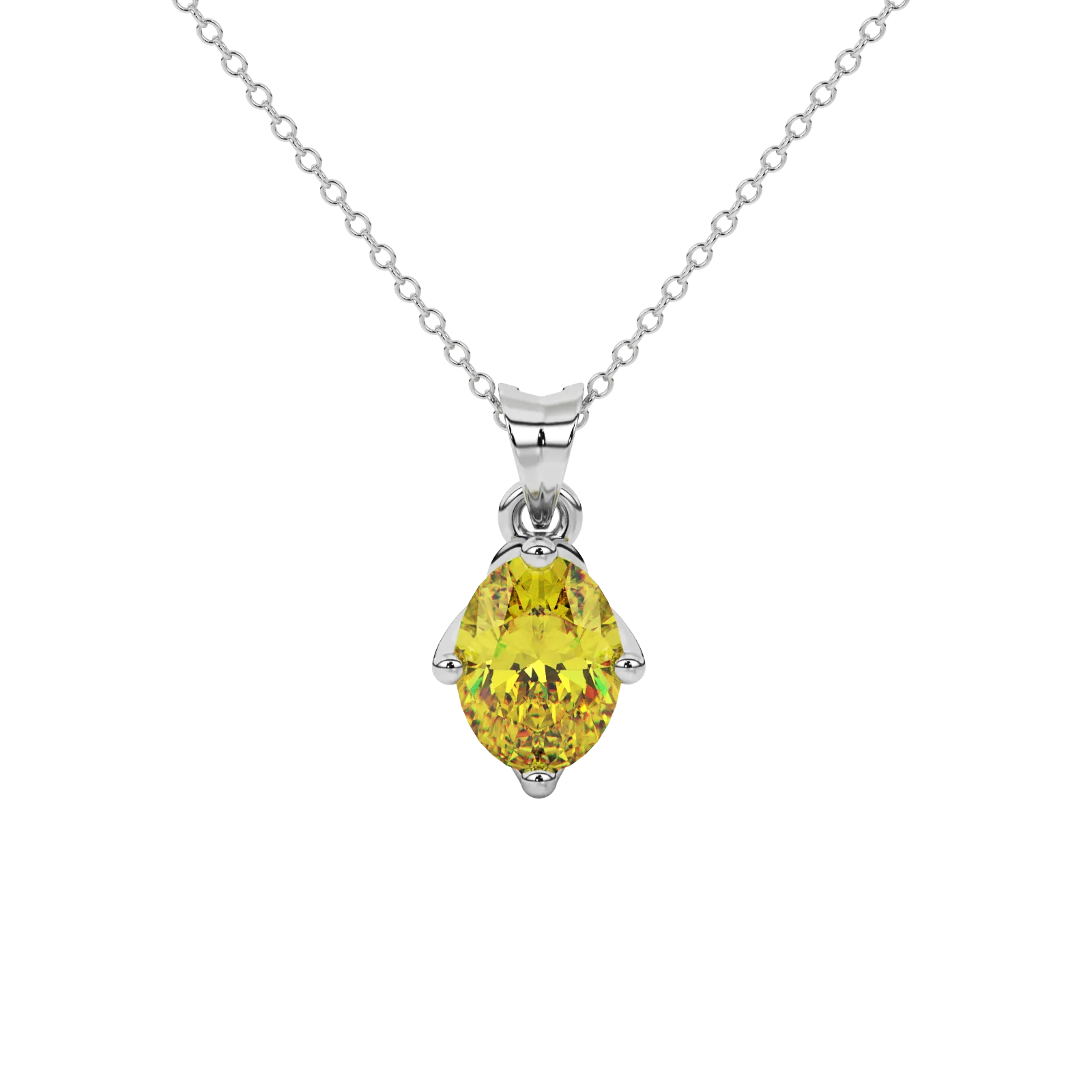 Oval cut canary yellow gemstone pendant, white gold tulip basket setting.