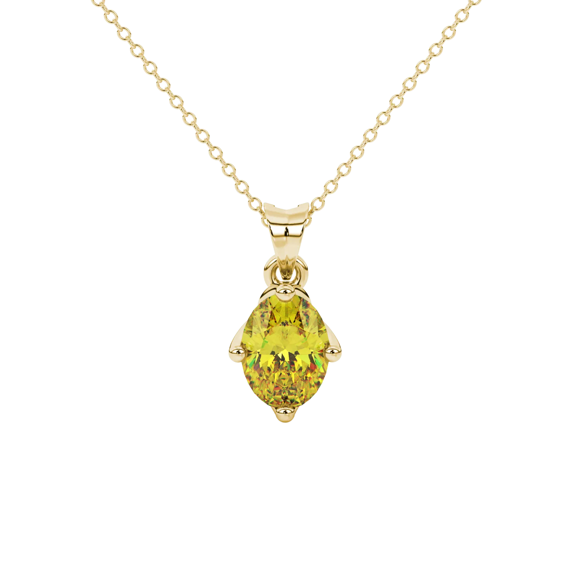Oval cut canary yellow gemstone pendant, yellow gold tulip basket setting.