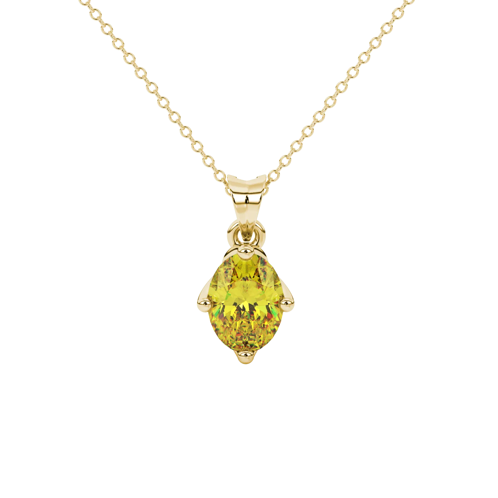 Oval cut canary yellow gemstone pendant, yellow gold tulip basket setting.